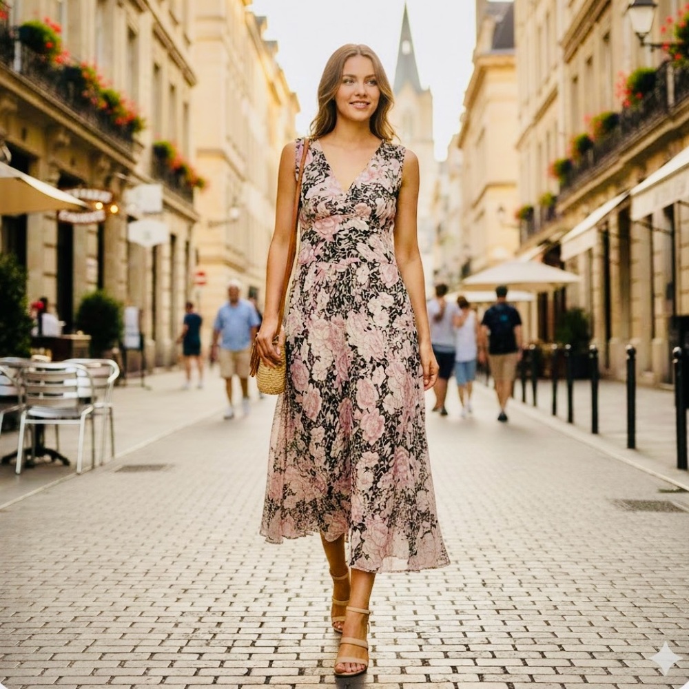 Floral Pink and Black Women's Dress
